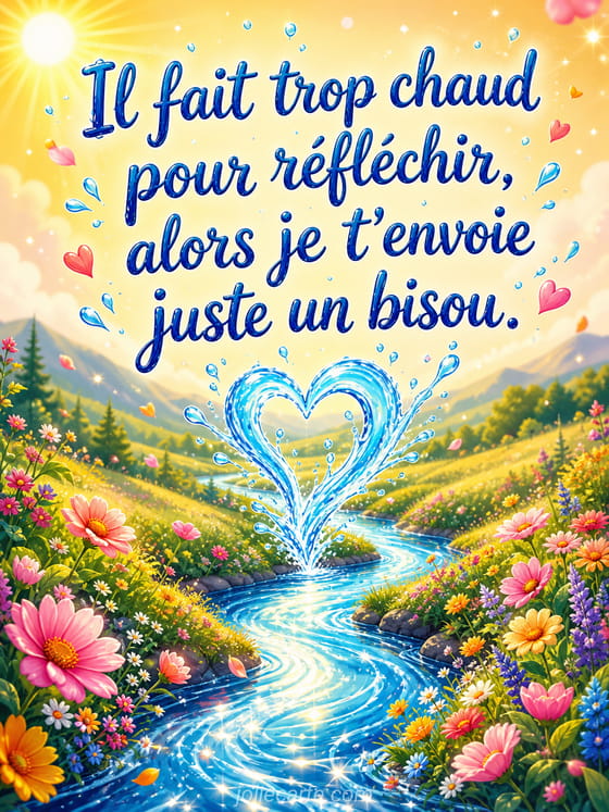 Carte illustrée avec soleil brûlant, thermomètre rouge et petit cœur pour une touche d’humour estival.
