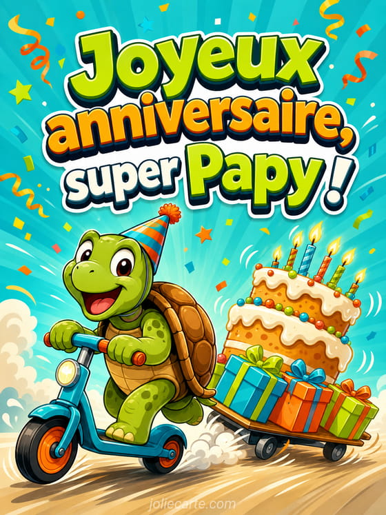 Carte d'anniversaire humoristique avec ballons, chapeau de fête et gâteau coloré pour un papy