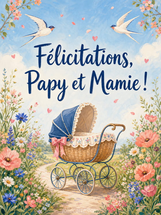 Carte illustrée avec un berceau, un doudou et des cœurs pour célébrer l'arrivée d'un bébé chez les grands-parents