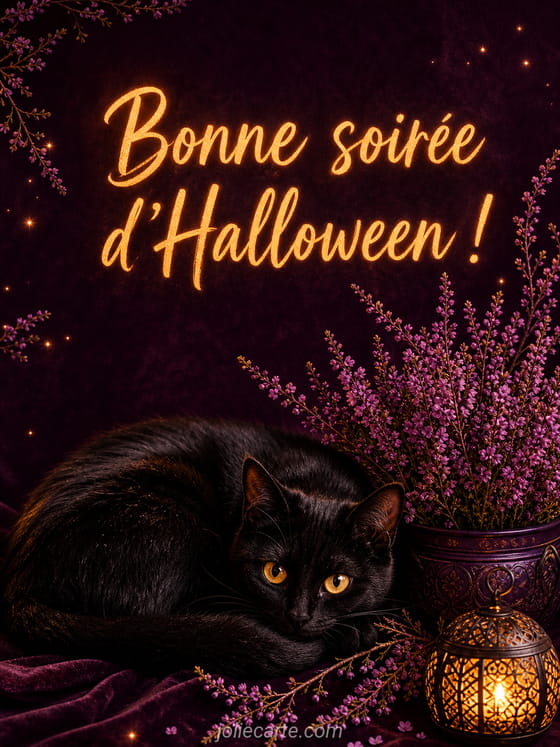 Illustration d'un chat noir aux yeux jaunes avec citrouille et pleine lune pour Halloween