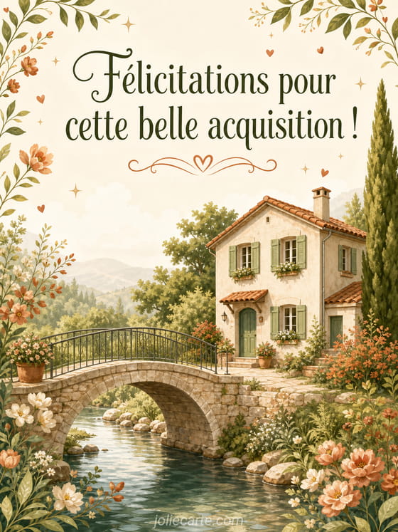 Clé dorée posée devant une jolie maison ensoleillée entourée d'un jardin fleuri