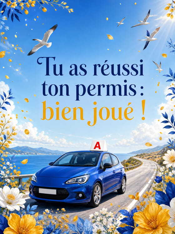 Voiture illustrée avec panneau de félicitations et étoiles symbolisant une belle réussite au permis