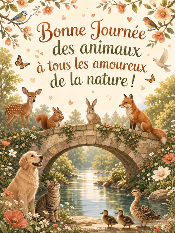 Illustration joyeuse avec chien, chat et petits animaux dans un décor de nature verdoyante.
