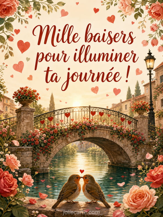Illustration douce avec pluie de petits baisers rouges et cœurs volants sur fond rose lumineux.