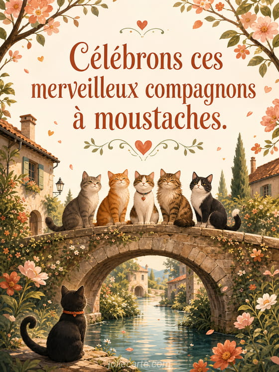 Illustration douce d'un chat aux longues moustaches entouré de cœurs et de pelotes de laine