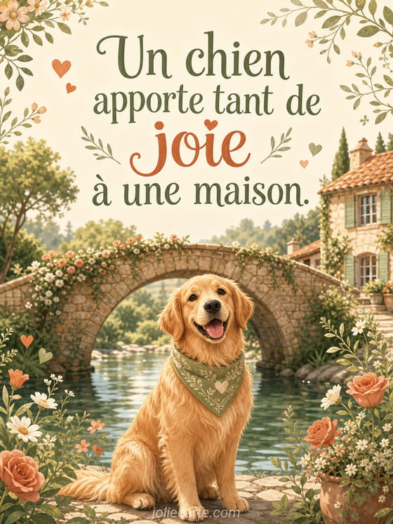 Illustration chaleureuse d'un chien joyeux courant dans un salon lumineux, symbolisant le bonheur familial
