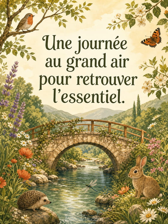 Carte illustrée avec paysage ouvert, soleil et grand ciel évoquant une belle journée au grand air