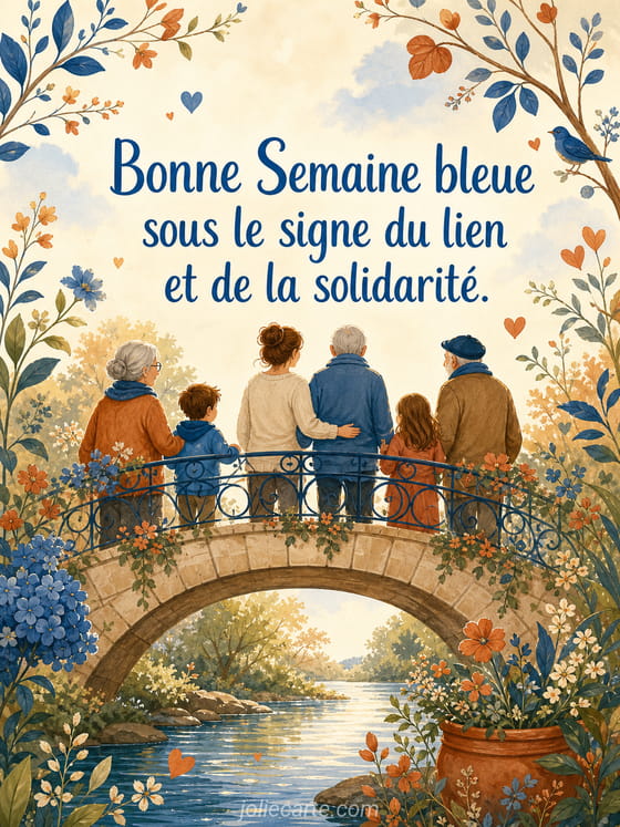 Illustration douce de silhouettes reliées par un ruban bleu symbolisant le lien et la solidarité entre générations