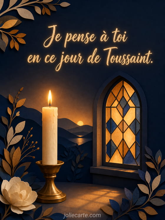 Bougie blanche allumée près d'une colombe stylisée et de chrysanthèmes doux, ambiance apaisée et recueillie