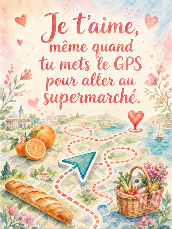 Illustration tendre et humoristique évoquant un GPS, une voiture et des cœurs stylisés