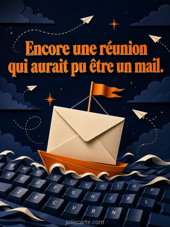 Illustration humoristique évoquant un écran d'ordinateur, un mail et une salle de réunion stylisée