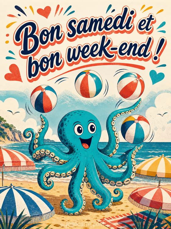Carte illustrée portant le message Bon samedi et bon week-end ! en lettrage amusant.