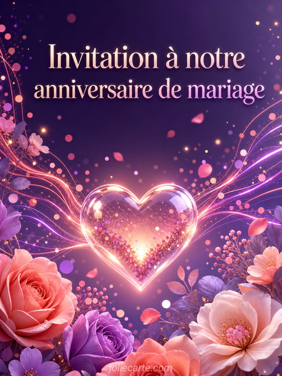 Invitation d'anniversaire de mariage en ligne sur écran, ornée de cœurs, enveloppe et motifs floraux