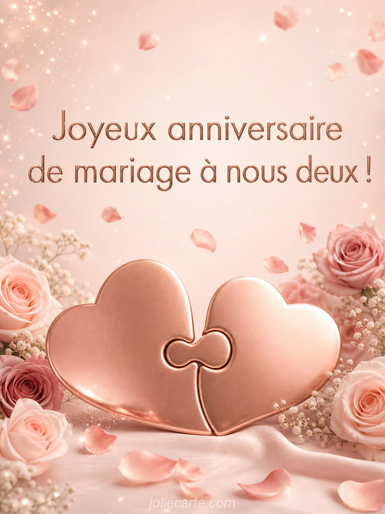 Illustration romantique avec deux cœurs entrelacés, alliances et fleurs pour anniversaire de mariage