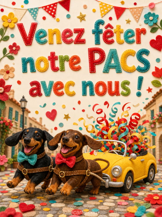Carte d'invitation illustrée avec des ballons, des confettis et deux cœurs pour un PACS festif