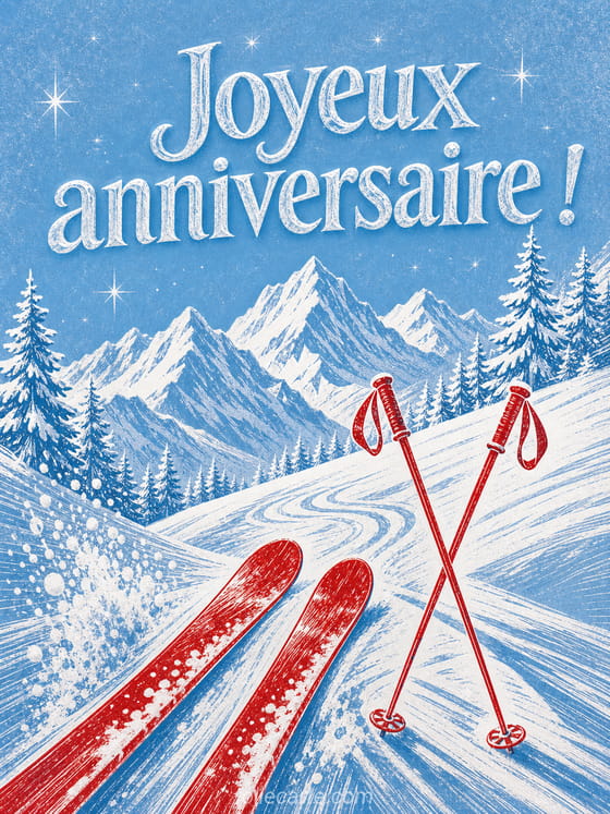 Carte d'anniversaire humoristique avec skieur dévalant une piste enneigée et bougies festives