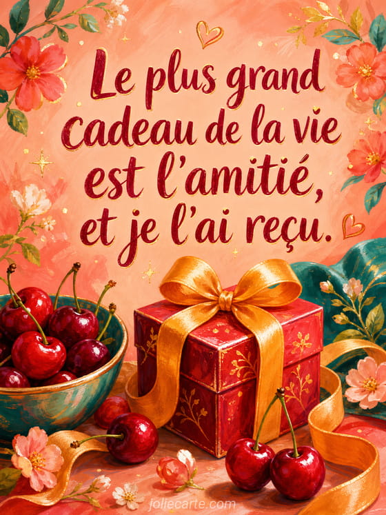 Carte tendre avec paquet cadeau orné d'un ruban et petits cœurs sur fond rose poudré