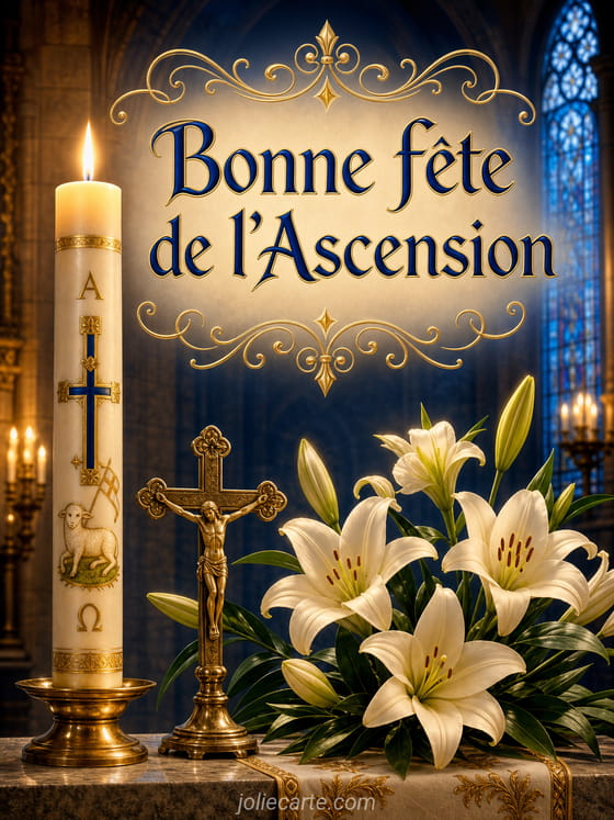 Carte fête de l'Ascension avec ciel lumineux, nuages dorés et colombe blanche
