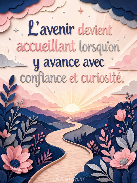 Carte illustrée avec un horizon lumineux et un ciel doré symbolisant un avenir serein