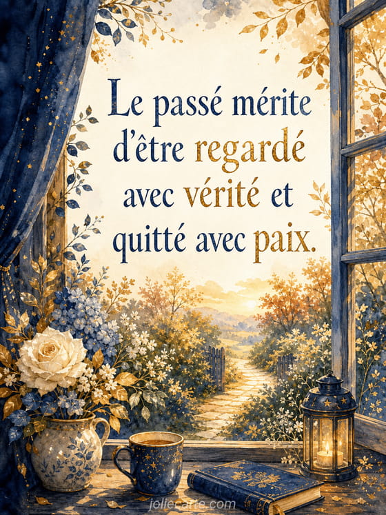 Carte illustrée symbolisant la paix intérieure avec une colombe et un ciel serein aux teintes pastel