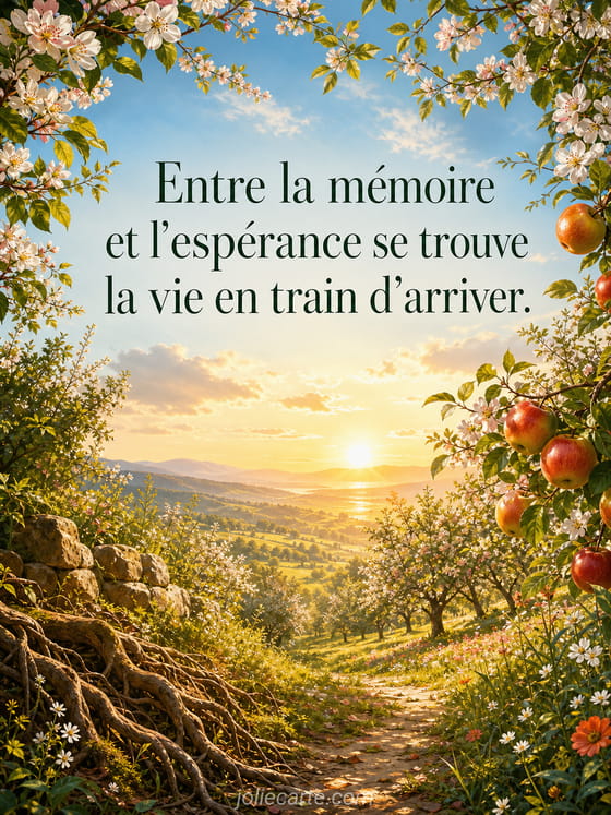 Carte illustrée évoquant l'éclosion de la vie présente avec ambiance florale et lumineuse