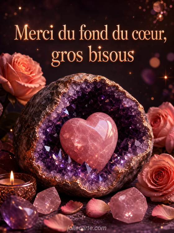 Carte illustrée avec grand cœur rouge et gros bisous exprimant une gratitude sincère