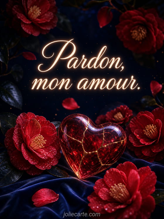 Carte illustrée avec cœur brisé recollé et couleurs douces évoquant une demande de pardon sincère