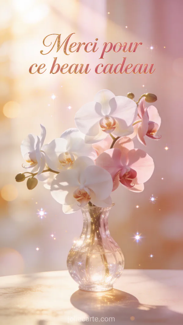 Carte de remerciement avec bouquet d'orchidées roses et blanches et le texte Merci pour ce beau cadeau