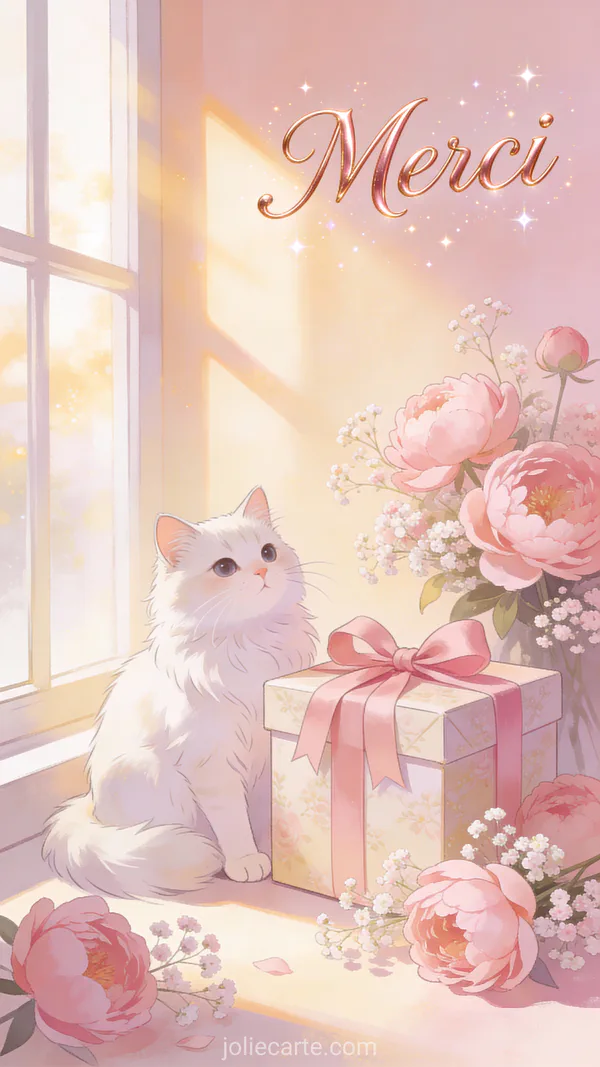 Carte de remerciement avec un chat blanc près d'un cadeau et le texte Merci