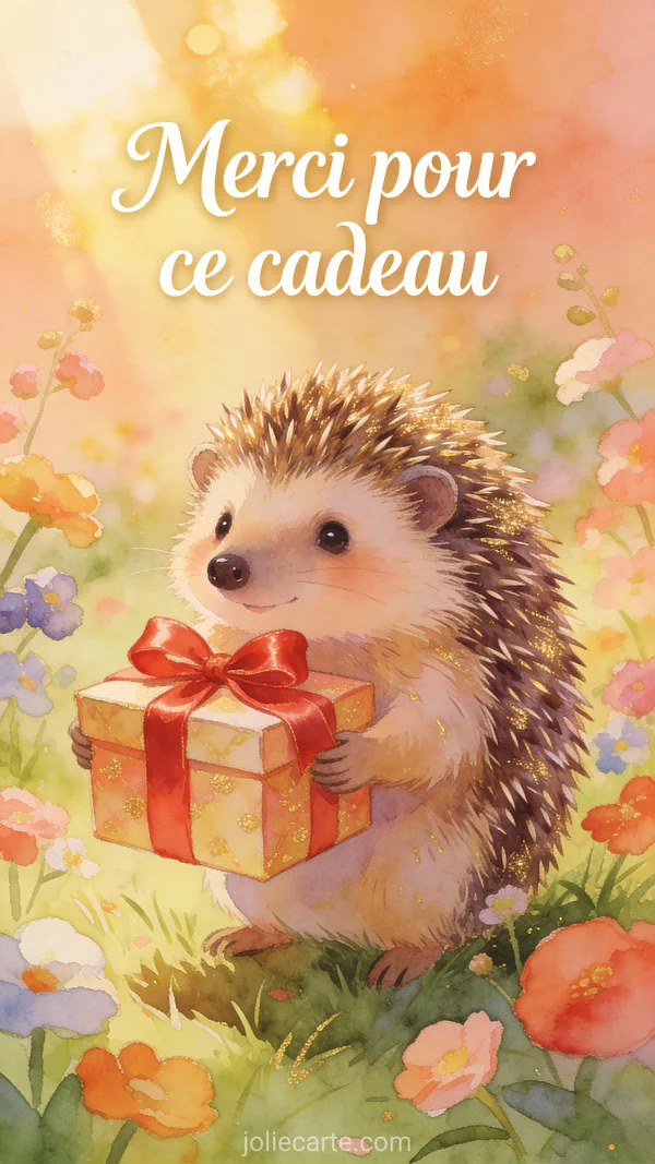 Carte de remerciement illustrée avec un hérisson mignon tenant un cadeau emballé et le texte Merci pour ce cadeau