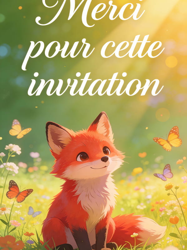 Carte de remerciement avec un renard roux dans une prairie fleurie et le texte Merci pour cette invitation