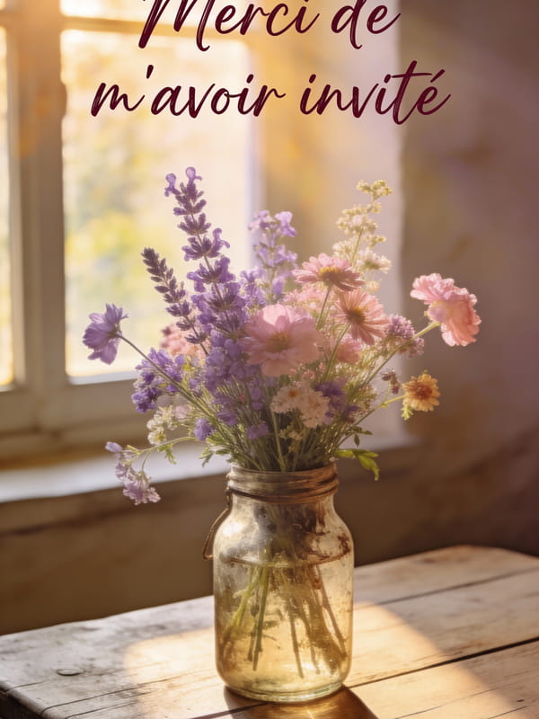 Carte de remerciement avec un bouquet champêtre dans un bocal vintage et le texte Merci de m'avoir invité