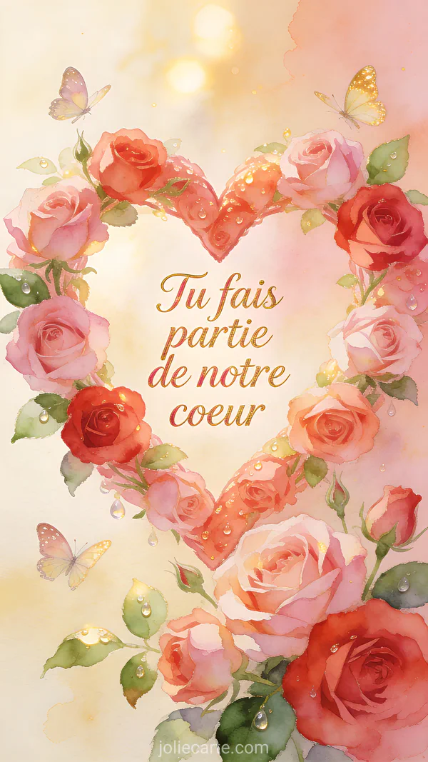 Carte tu fais partie de notre cœur avec cœurs en roses et papillons aquarelle