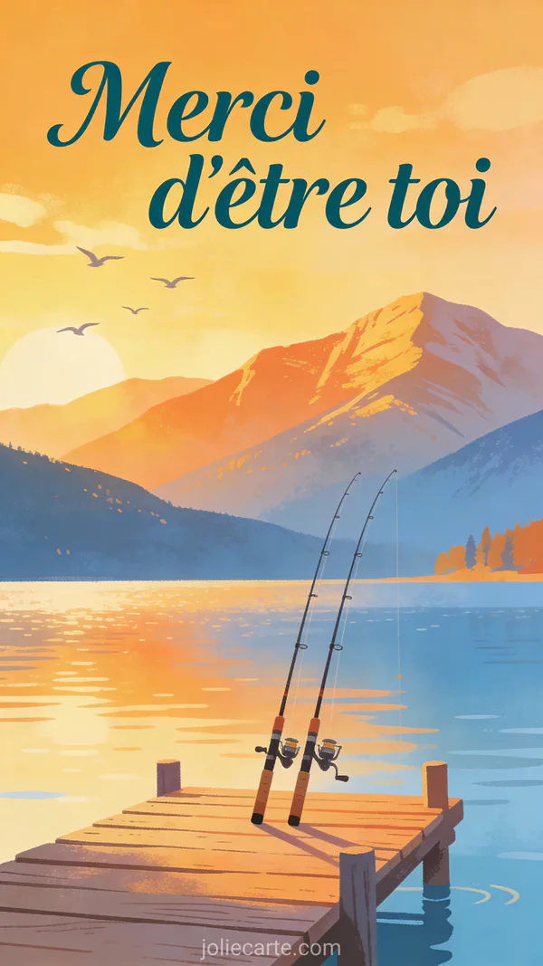 Carte merci d'être toi avec lac paisible ponton et cannes à pêche au coucher du soleil