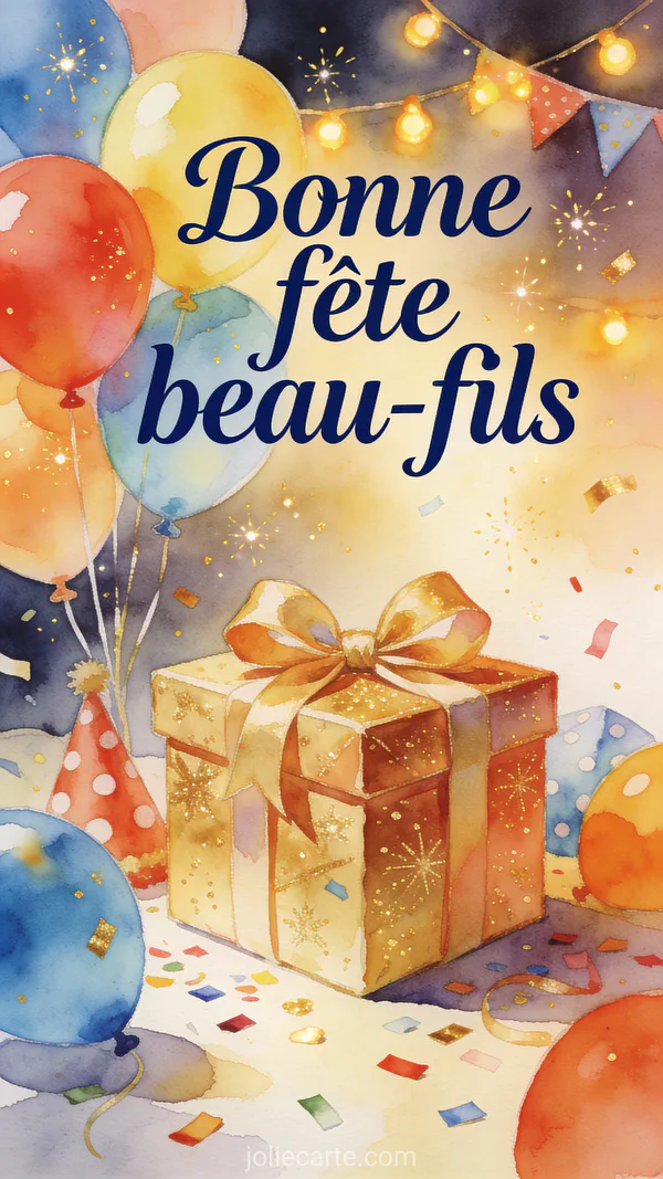Carte bonne fête beau-fils avec ballons colorés cadeau et confettis aquarelle
