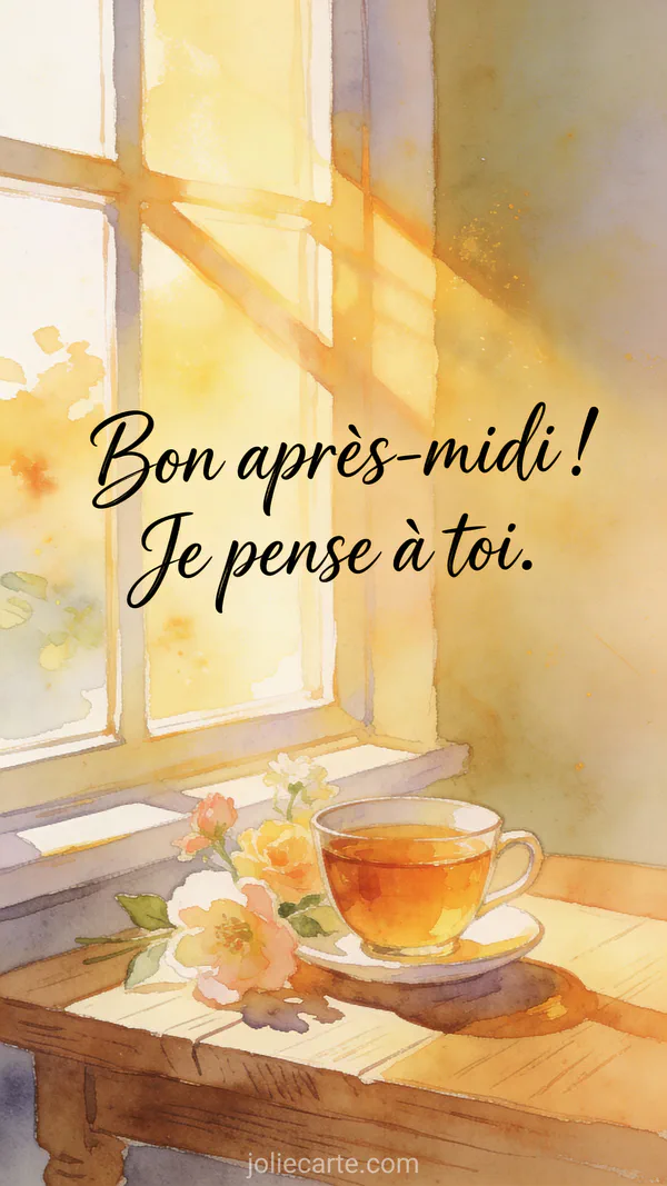 Carte bon après-midi avec tasse de thé et lumière dorée, texte Bon après-midi Je pense à toi