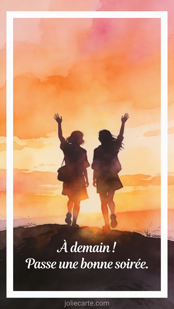 Carte à demain avec coucher de soleil et silhouettes, texte À demain Passe une bonne soirée