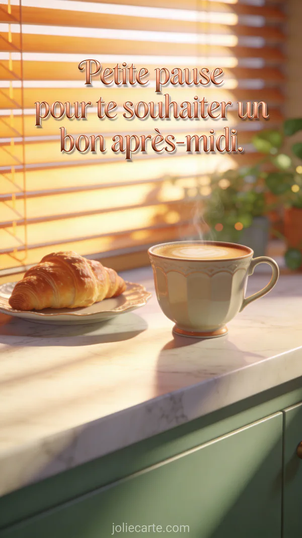 Carte 3D bon après-midi avec café latte, croissant et lumière dorée filtrant à travers des stores