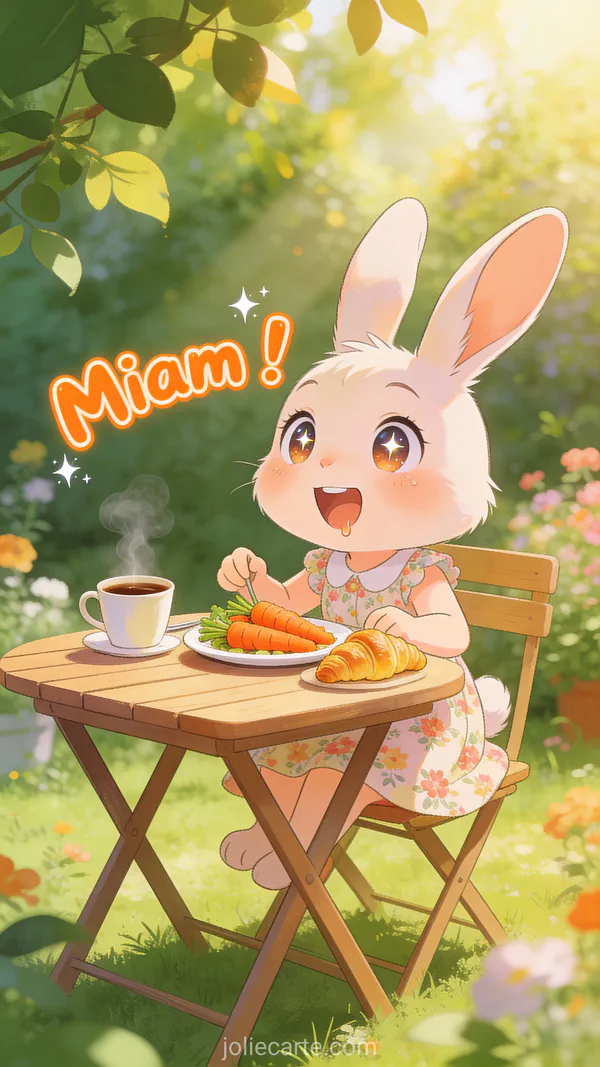 Carte bon appétit illustrée avec une lapine heureuse devant des carottes et un croissant dans un jardin