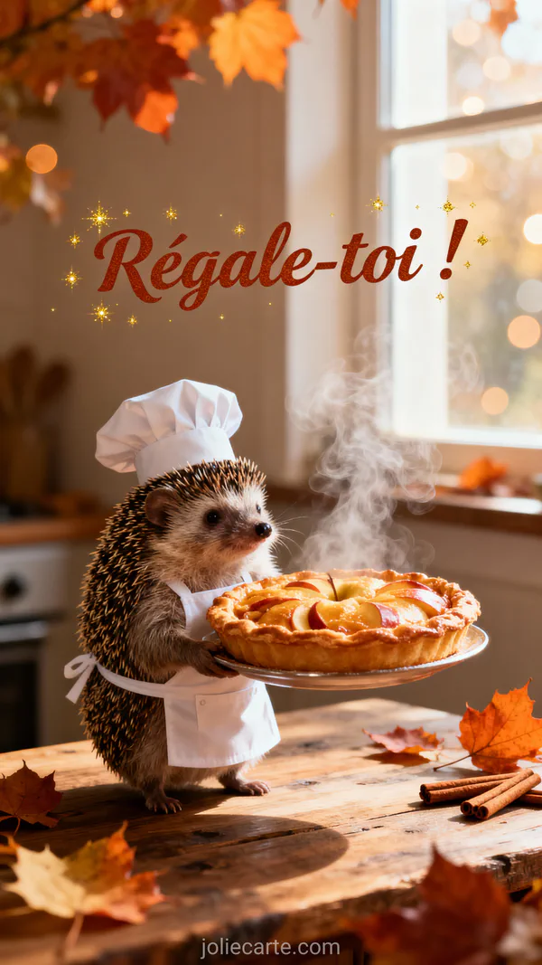 Carte humoristique régale-toi avec hérisson chef présentant une tarte aux pommes