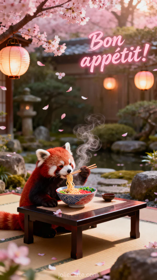 Carte bon appétit avec panda roux mangeant des ramen dans un jardin zen japonais