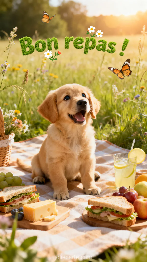 Carte bon repas avec chiot golden retriever au pique-nique dans prairie fleurie d'été
