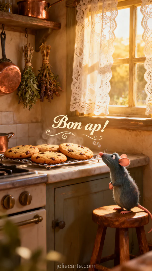 Carte humoristique bon ap avec souris style Ratatouille dans une cuisine cottage