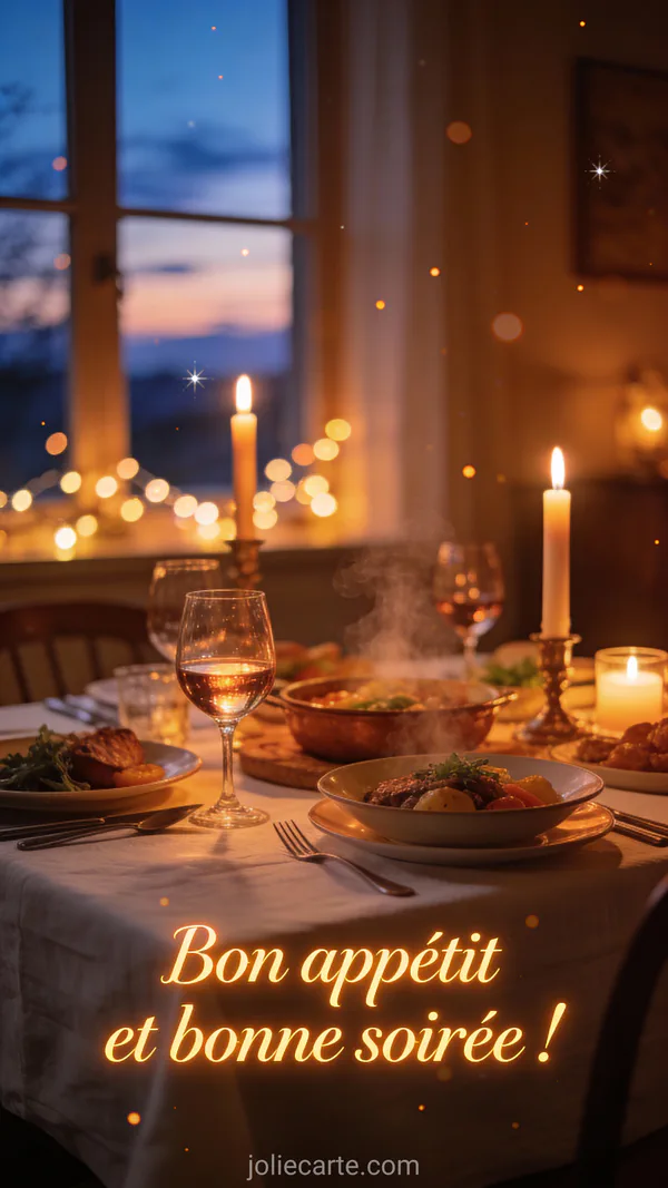Carte bon appétit avec texte Bon appétit et bonne soirée sur fond de table de dîner aux chandelles