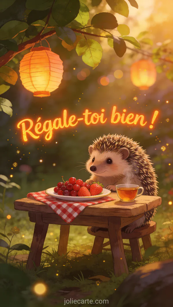 Carte bon appétit avec hérisson mignon attablé devant des fraises et baies dans un jardin enchanté au coucher du soleil