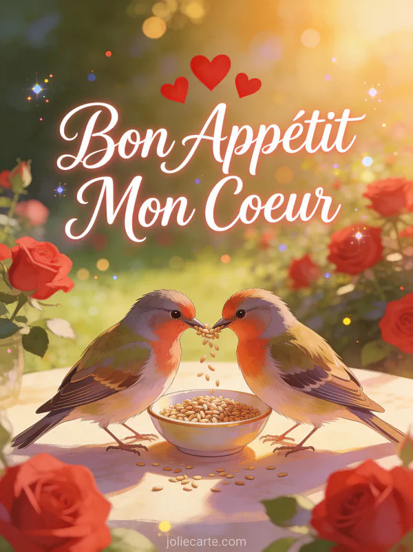 Deux inséparables partageant des graines dans un jardin avec roses rouges au coucher du soleil avec le texte Bon Appétit Mon Coeur