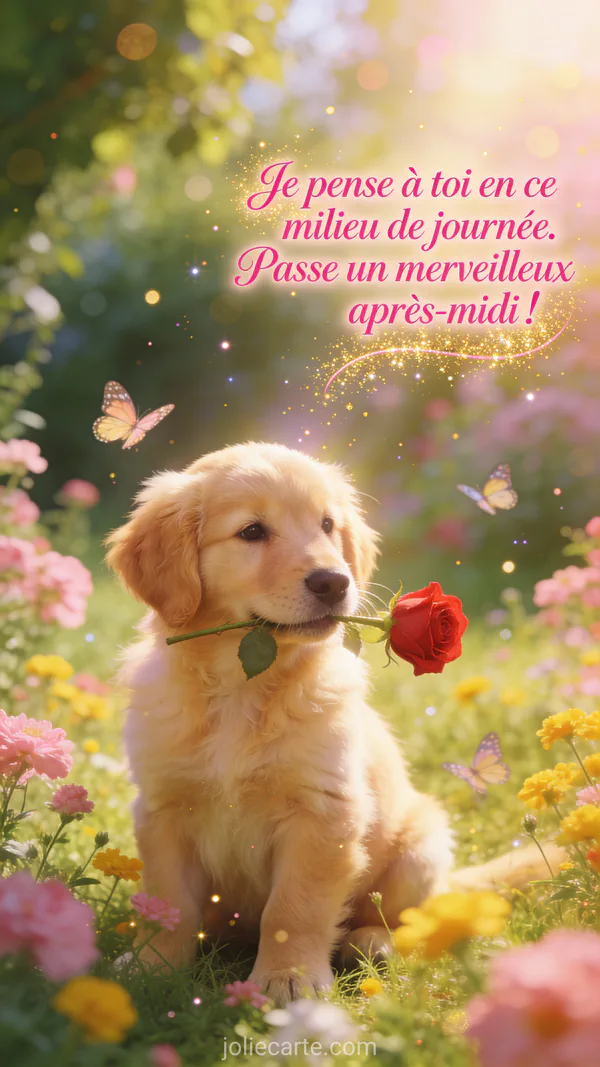 Carte bon après-midi avec chiot golden retriever tenant une rose dans un pré fleuri