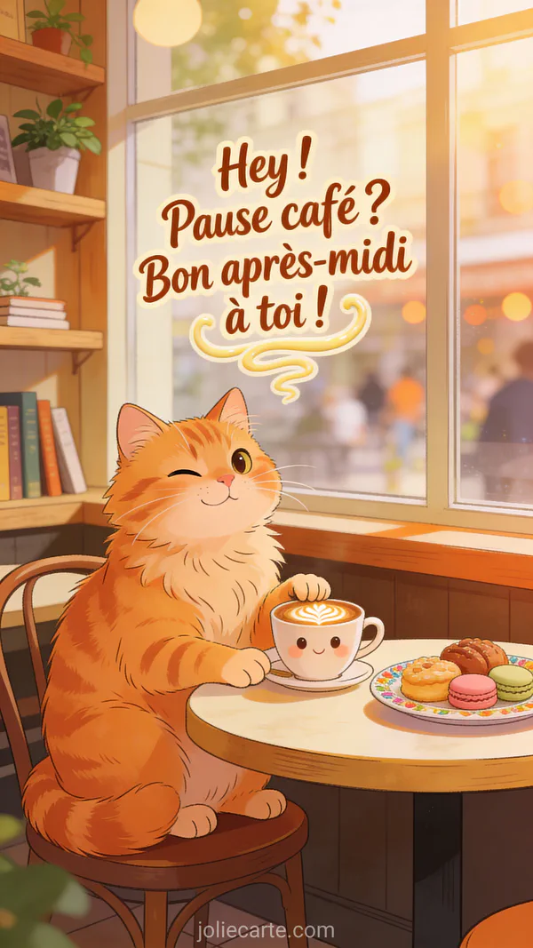 Carte bon après-midi avec chat roux dans un café cosy avec tasse de latte et pâtisseries
