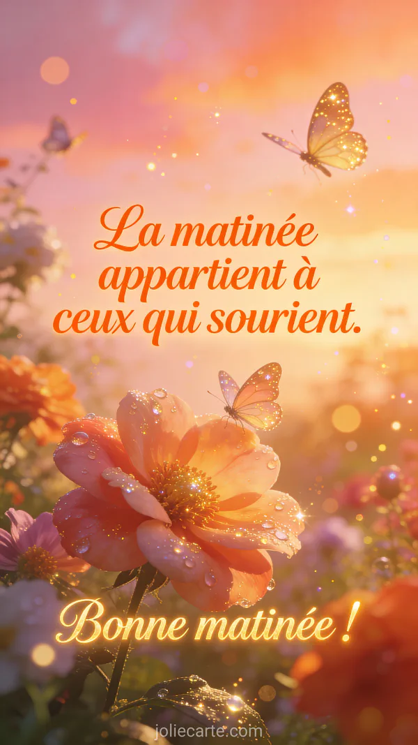 Carte bonne matinée avec jardin fleuri au lever du soleil et papillons