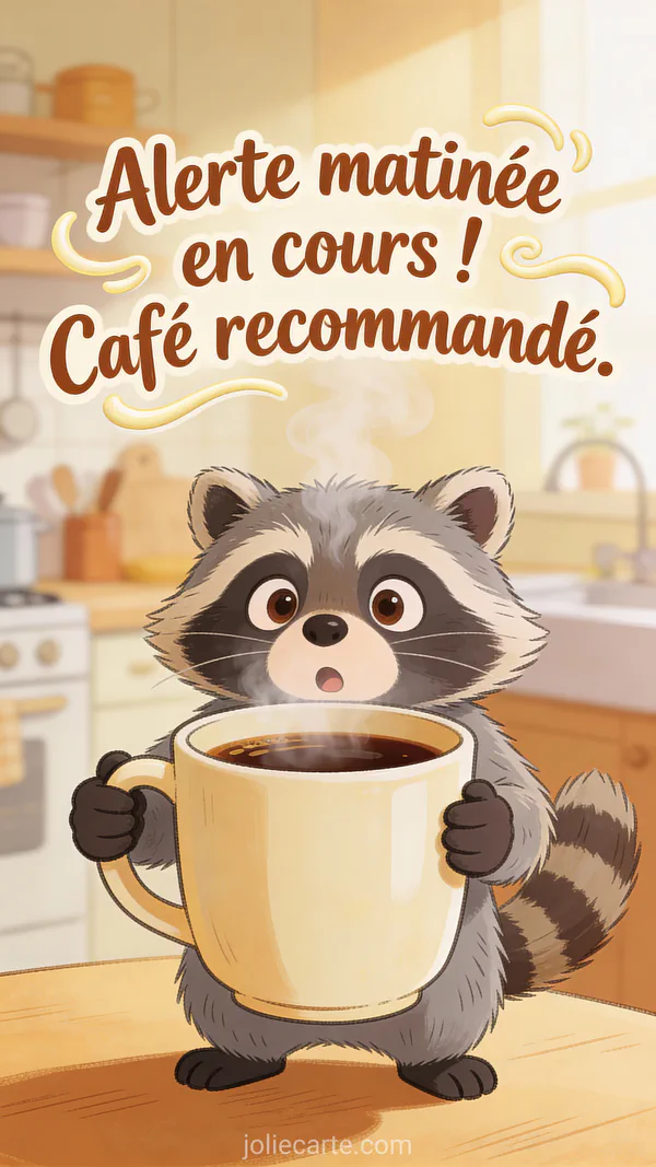 Carte bonne matinée avec raton laveur tenant une énorme tasse de café